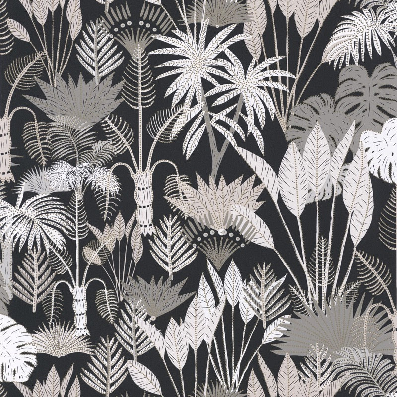 OYS101419114cd Beautiful tropical trees and leaves in soft neutrals on a matt black background. Paste the wall designer wallpaper. ***PLEASE NOTE: This wallpaper is a special order product and therefore delivery will take approx. 10 working days.