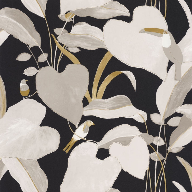 OYS101421202cd Gorgeous watercolour leaves and birds on a black matt finish background. Paste the wall designer wallpaper. ***PLEASE NOTE: This wallpaper is a special order product and therefore delivery will take approx. 10 working days.