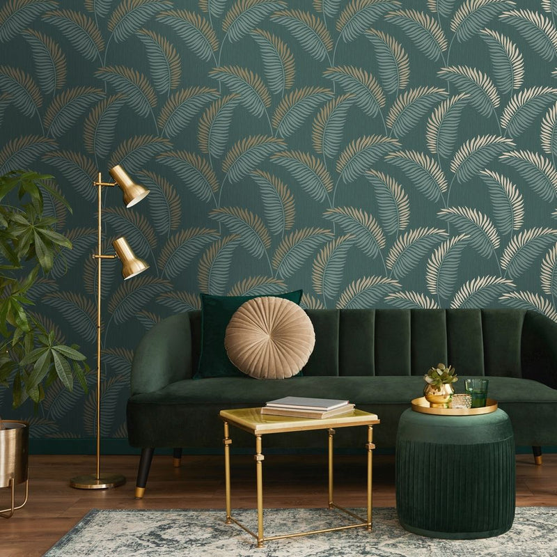 b4285540fd Beautiful leaf design in emerald green and gold on textured blown vinyl.
