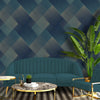 b577701b Modern geometric 3D effect wallpaper with navy, teal and metallic gold.