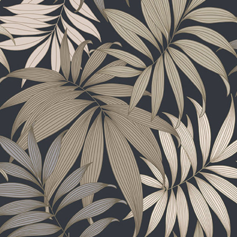 ba4500302g Trendy tropical leaves in gold tones on a black background.