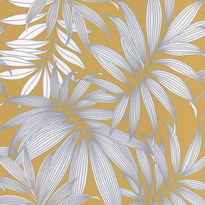 ba4536601g Trendy tropical leaves in silver tones on a trendy yellow background.