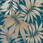 ba4577303g Trendy tropical leaves in gold tones on a trendy teal background.
