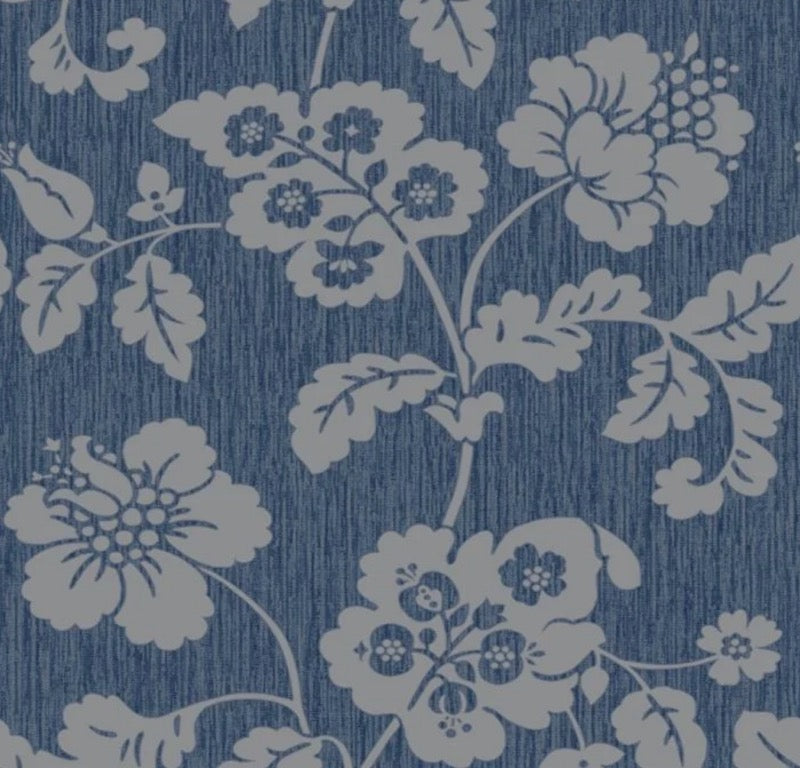 ba6277603g Beautiful navy blue background with a stunning silver floral leaf trail.