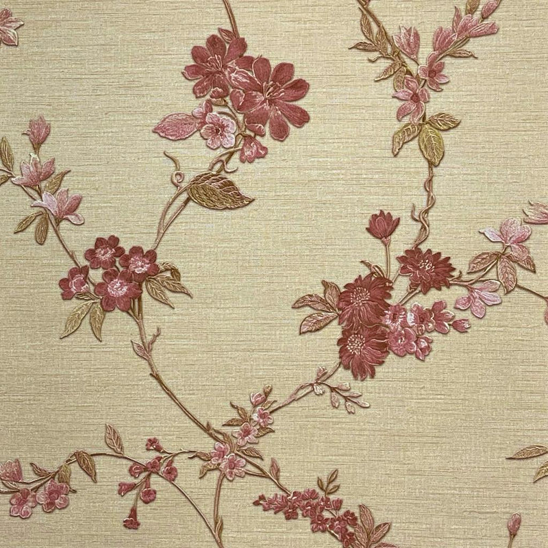 Nv22111216d Luxurious vintage style floral with a beautiful stitch effect in red. Easy to hang, paste the wall vinyl.