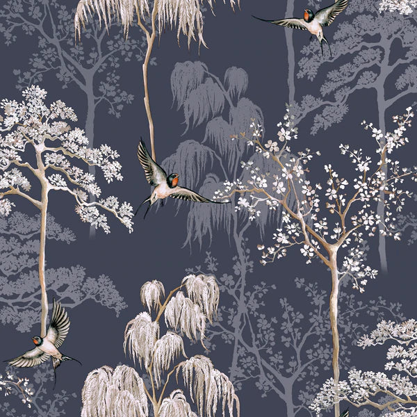 W90877106a Stylish hand drawn oriental trees and birds on a gorgeous blue background.