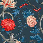W3907703b Beautiful floral trail design has subtle metallic highlights throughout it and features tropical flowers, leaves and berries in vibrant tones with snakes and monkeys on a matte dark blue background.