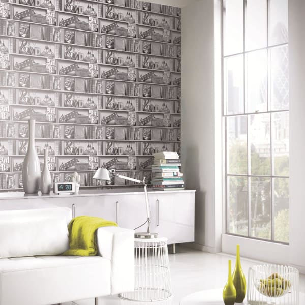 694200 Funky mono shelve wallpaper. Limited stock available.