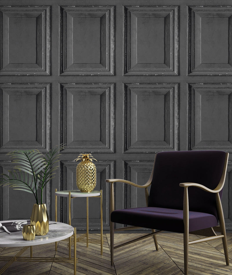 na4900203g Fabulous distressed wood panel effect in charcoal. Paste the wall vinyl. Full size panels 53cm x 64cm.