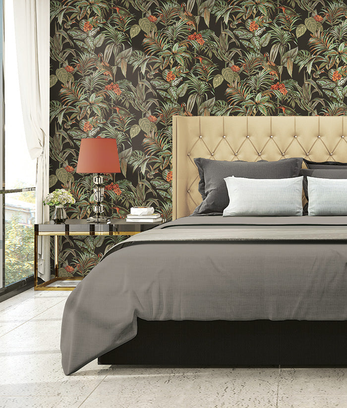 nde12000015d Beautiful tropical bird and leaf pattern on luxurious paste the wall vinyl.
