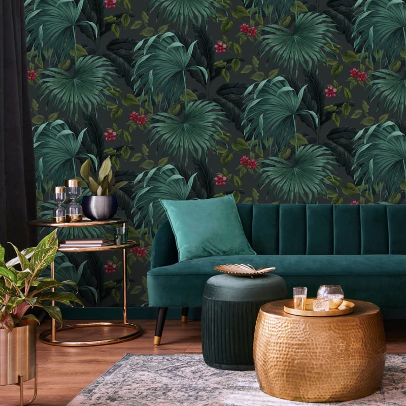 W5440045b Fabulous textured paradise leaf design in lush green and charcoal.