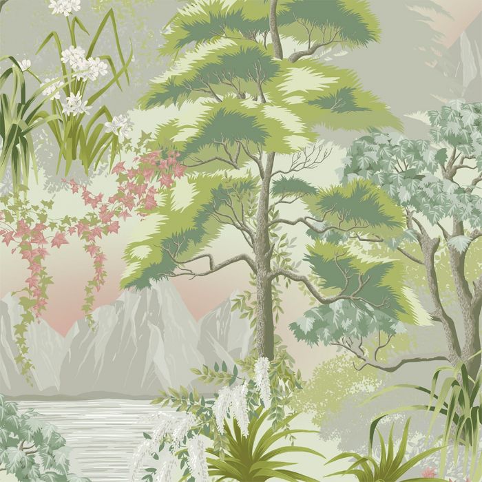 W110056b Fabulous forest scene of trees, flowers, mountains and lakes in soft shades of green, with gorgeous accents of subtle colour.