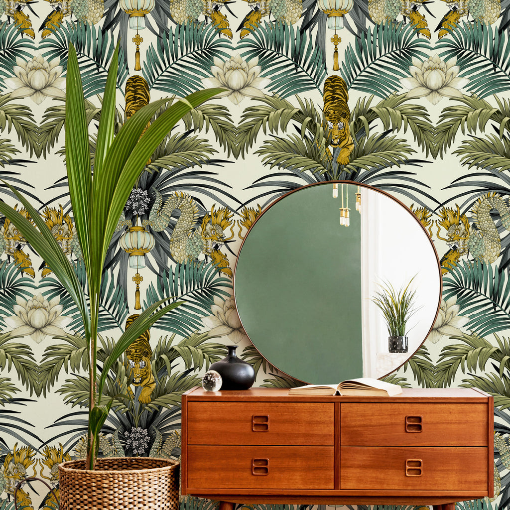 W390012b Fabulous oriental inspired design with tigers and dragons in striking colours on a cream background.