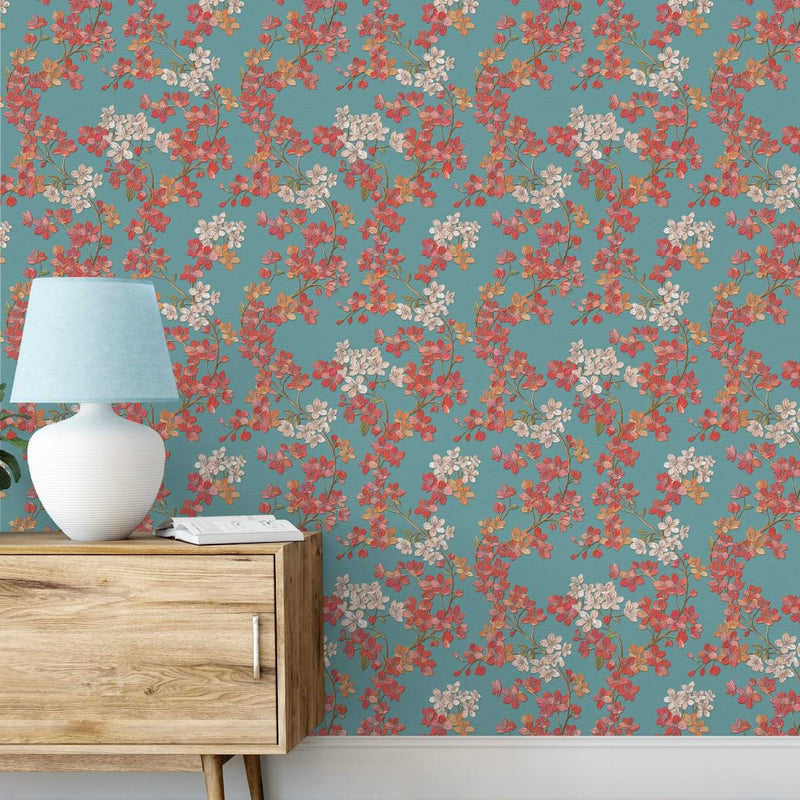 nvgr32277205di Beautiful cherry blossom floral trail in gorgeous aqua and red tones. Easy to hang and paste the wall. Amazing quality vinyl.