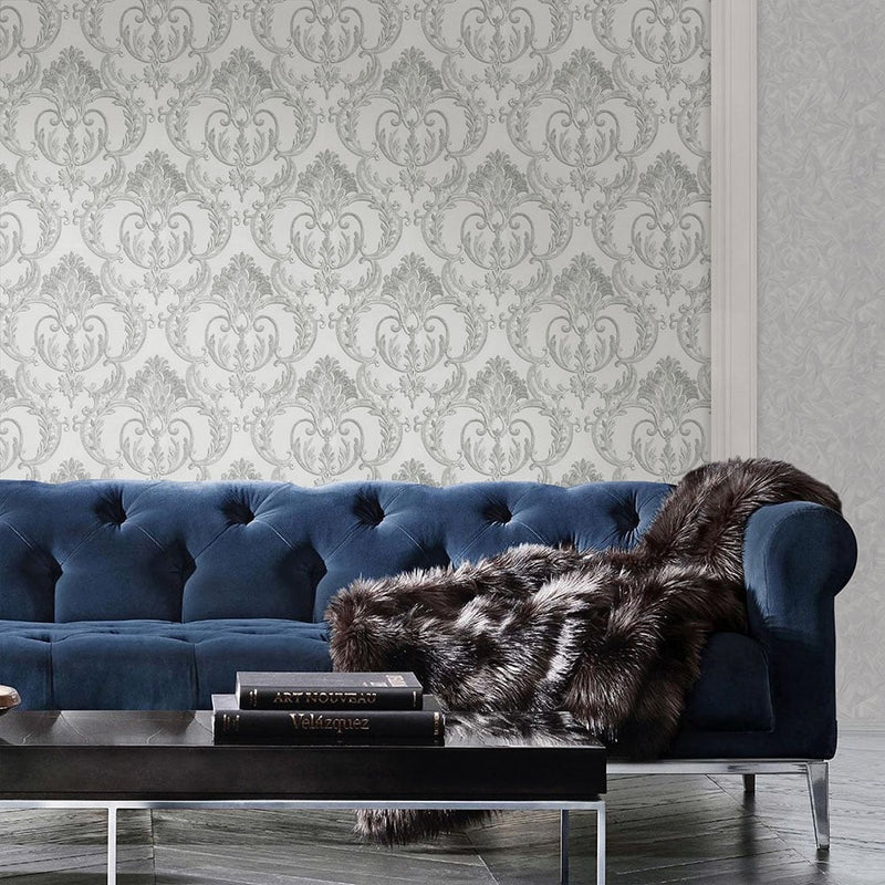 vh900091d Beautiful large scale damask design in grey on heavy weight vinyl.