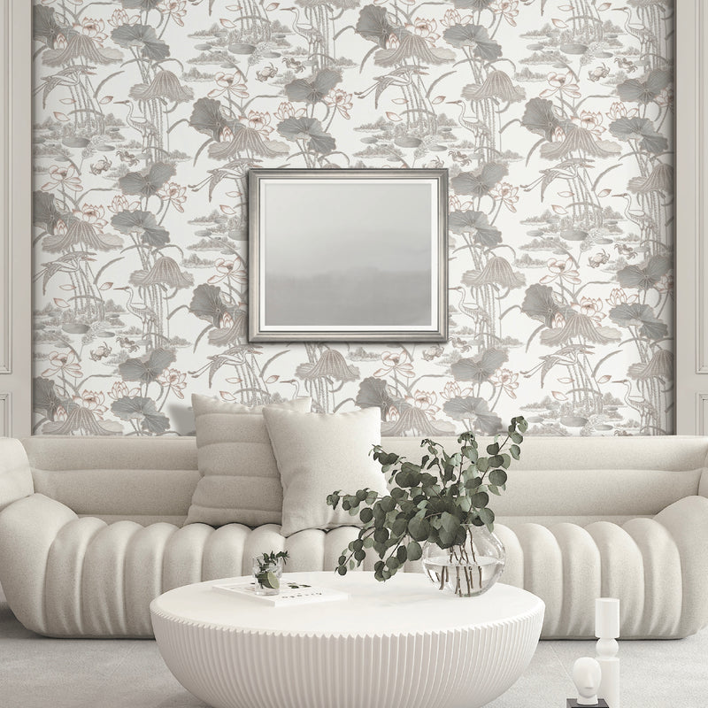 ntp42211701d Beautiful and delicate embroidered look vinyl featuring beautiful birds and lotus flowers. Easy to hang and paste the wall.