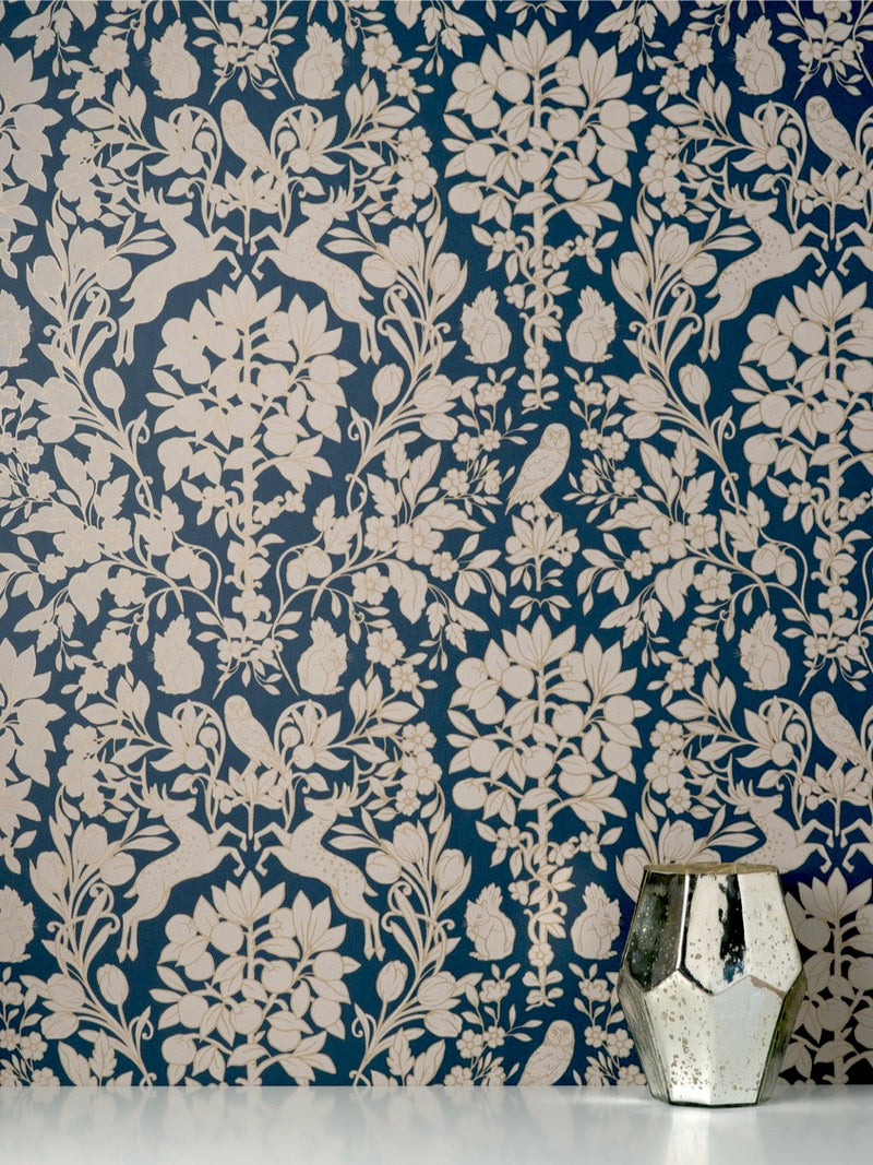 nm167784c Stunning Richmond forest scene in navy. This fabulous design is taken from the archive collection, with designs dating from the past 100 years, reinvented to reflect contemporary tastes. Stunning paste the wall designer wallpaper.