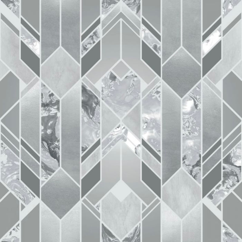 W16700501m Fabulous and stylish angular geometric in tones of grey and hints of cream with metallic silver outlines.