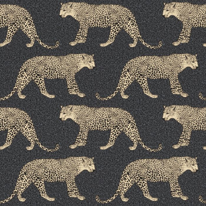 W21500311r Stylish metallic gold leopards on a gorgeous black and grey leopard print background with metallic highlights.