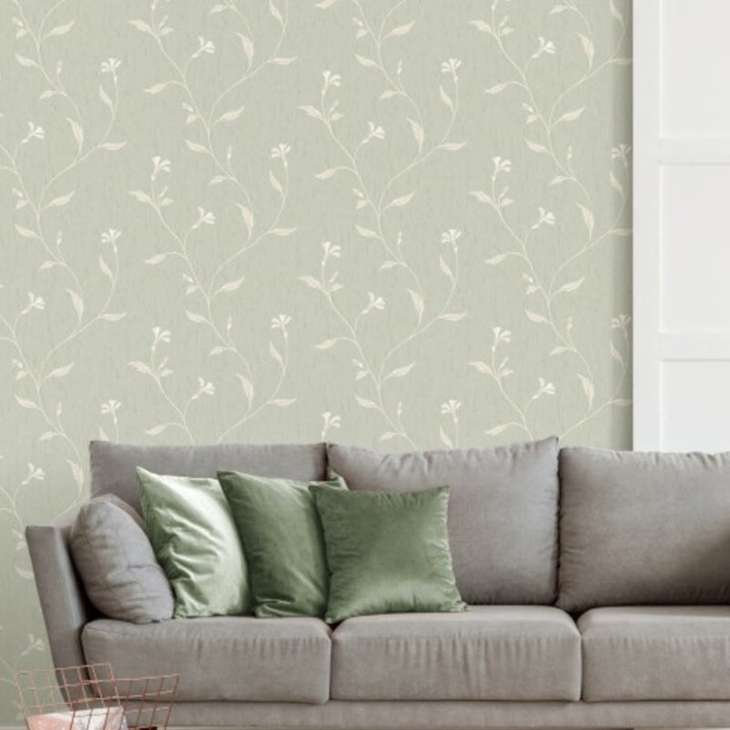 m9555651fd Beautiful floral trail in gorgeous soft sage green. Supreme quality textured heavy weight vinyl.