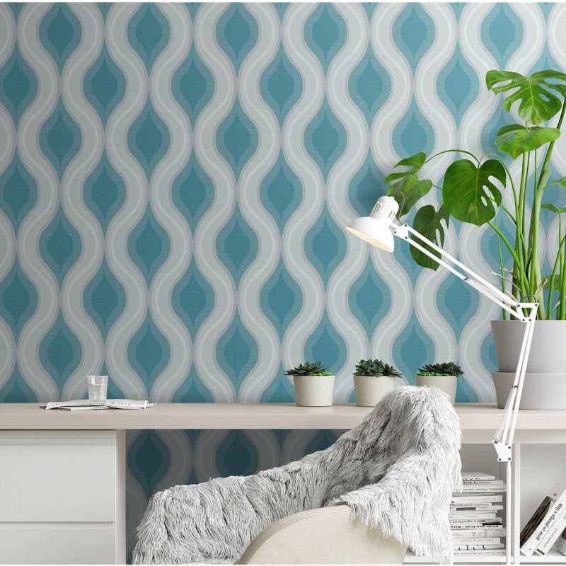 n100977818e Contemporary wave design in teal on paste the wall blown vinyl.
