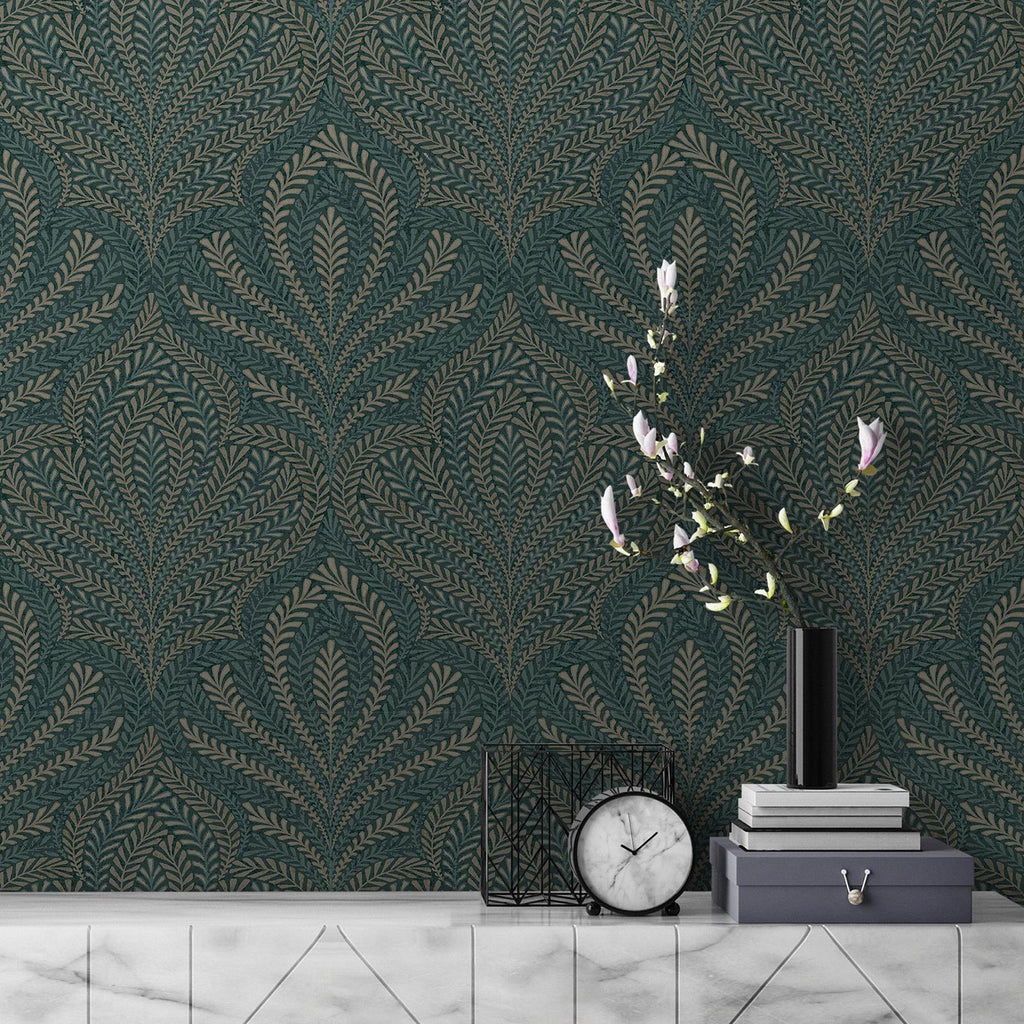 n18455603g Gorgeous modern damask in emerald green tones with metallic highlights. Beautiful textured high quality vinyl.