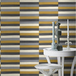 n41866729r Stylish and funky abstract colour 'sewn' strips with gorgeous tones of ochre yellow, cream, stone grey and anthracite. Paste the wall vinyl.