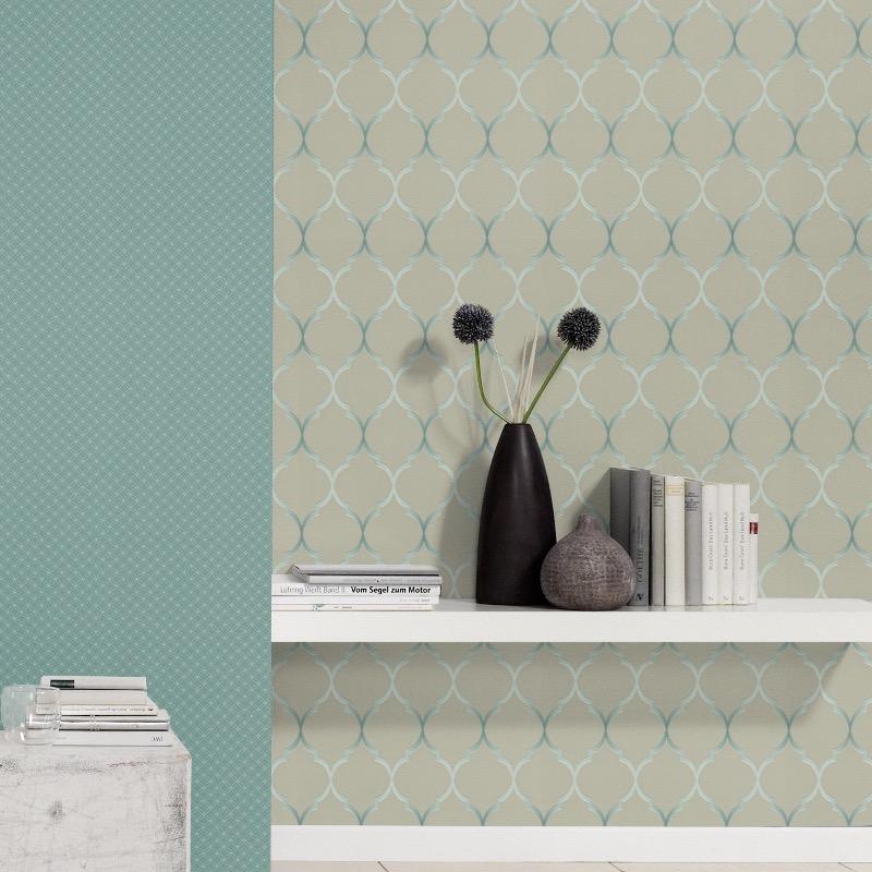 n70122623r An elegant 'ribbon trellis' effect in taupe with a hint of duck egg. Fabulous, non-woven, paste the wall, product.