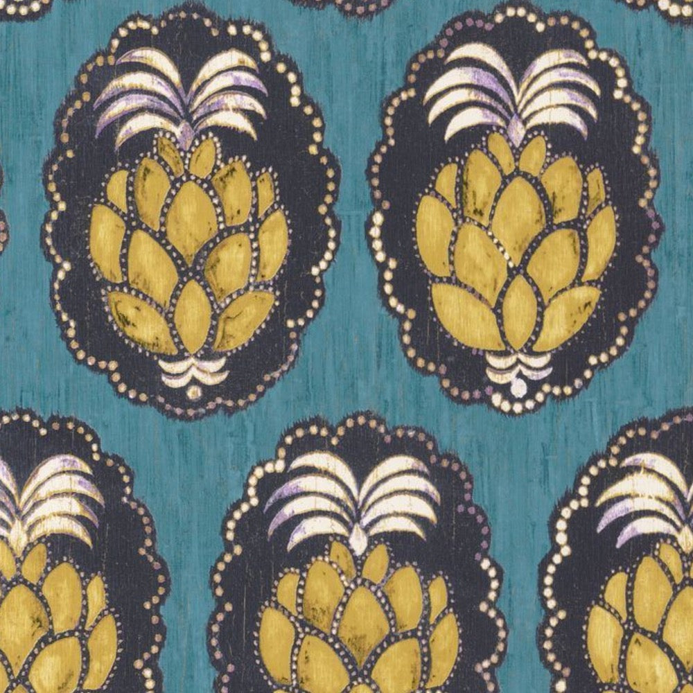 n84356404cd Gorgeous ochre pineapple motif on a teal background. Designer paste the wall vinyl. ***PLEASE NOTE: This wallpaper is a special order product and therefore delivery will take approx. 10 working days.