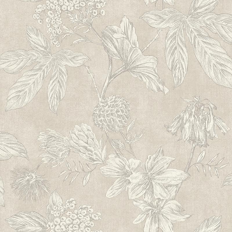 n90200701a A vintage floral wallpaper, outlined with metallic gold highlights, with a subtle cream background. Paste the wall.