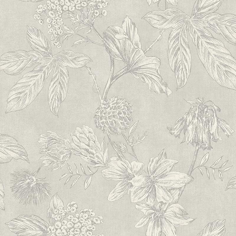 n90200702a A vintage floral wallpaper, outlined with metallic grey highlights, with a subtle silver background. Paste the wall.