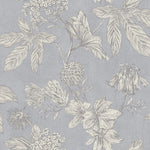 n90244600a A vintage floral wallpaper, outlined with metallic grey highlights, with a subtle blue background. Paste the wall.