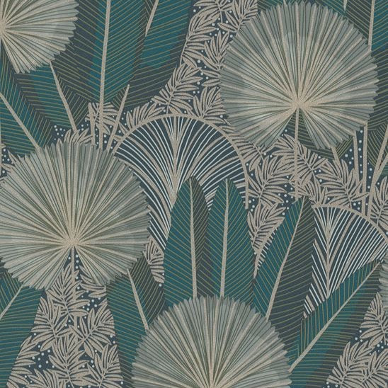 na5455701g Fabulous bold leaf print in teal and green tones with metallic accents. Paste the wall and easy to hang!