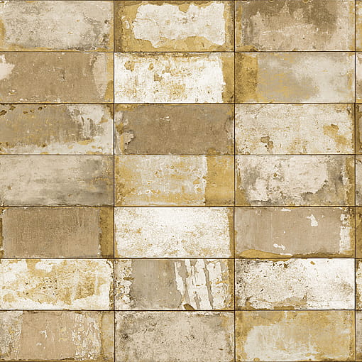 NF232022 Modern brick effect in rustic gold tones. Paste the wall vinyl. Perfect for all living spaces as it's fully washable and vinyl quality.