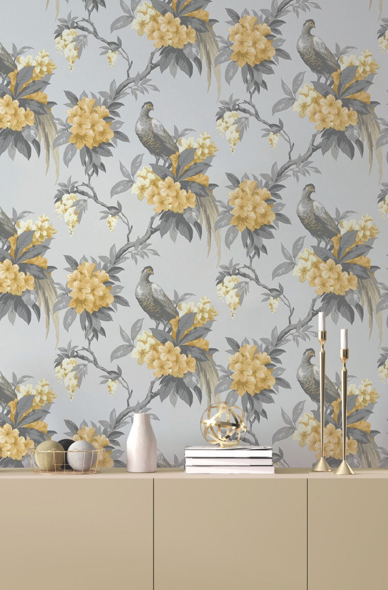 nm160062c Beautifully elegant large scale grey/yellow floral bird design. This fabulous design is taken from the archive collection, with designs dating from the past 100 years, reinvented to reflect contemporary tastes. Stunning paste the wall designer wallpaper.