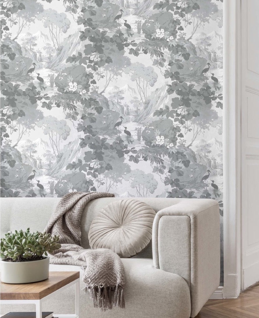 nm160077c Beautiful delicate landscape featuring gorgeous trees and birds. This fabulous design is taken from the archive collection, with designs dating from the past 100 years, reinvented to reflect contemporary tastes. Stunning paste the wall designer wallpaper.