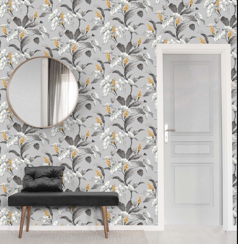nm160091c Fabulous trailing leaf in grey and yellow. This fabulous design is taken from the archive collection, with designs dating from the past 100 years, reinvented to reflect contemporary tastes. Stunning paste the wall designer wallpaper.