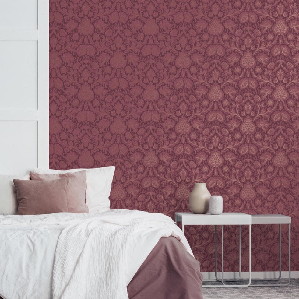 nm161180c Fabulous feature floral motif in burgundy red. This fabulous design is taken from the archive collection, with designs dating from the past 100 years, reinvented to reflect contemporary tastes. Stunning paste the wall designer wallpaper.