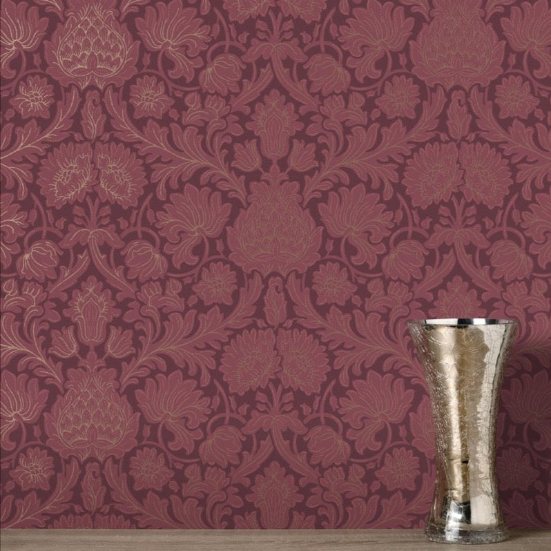 nm161180c Fabulous feature floral motif in burgundy red. This fabulous design is taken from the archive collection, with designs dating from the past 100 years, reinvented to reflect contemporary tastes. Stunning paste the wall designer wallpaper.