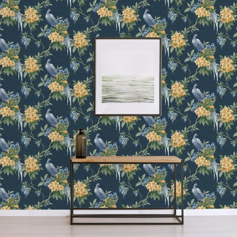 nm167761c Beautiful and elegant large scale navy floral bird design. This fabulous design is taken from the archive collection, with designs dating from the past 100 years, reinvented to reflect contemporary tastes. Stunning paste the wall designer wallpaper.