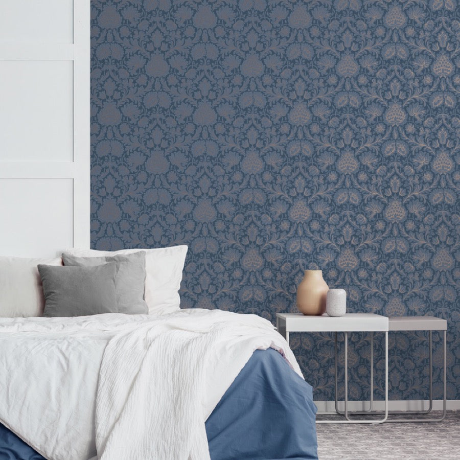 nm167781c Fabulous feature floral motif in navy blue with rose gold. This fabulous design is taken from the archive collection, with designs dating from the past 100 years, reinvented to reflect contemporary tastes. Stunning paste the wall designer wallpaper.