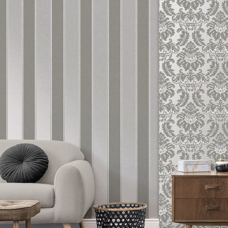 nm170009c Beautiful two toned grey wide stripe. This fabulous design is taken from the archive collection, with designs dating from the past 100 years, reinvented to reflect contemporary tastes. Stunning paste the wall designer wallpaper.
