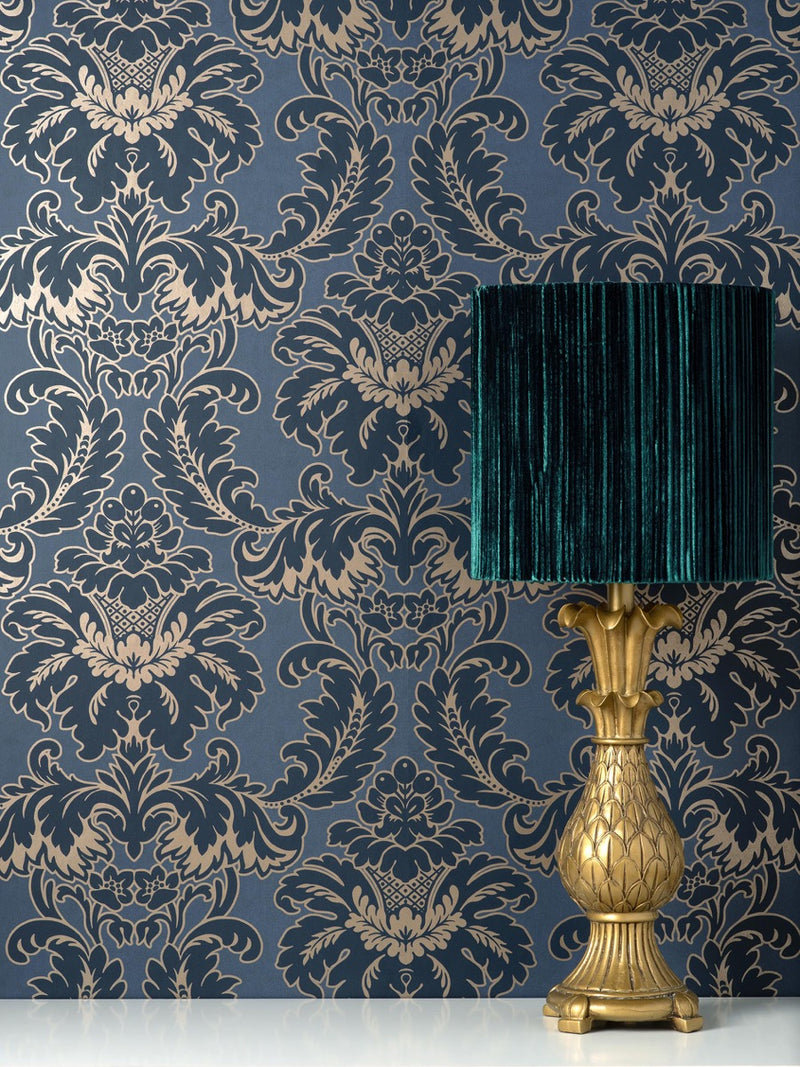 nm177704c Beautiful classical damask motif in navy blue and gold. This fabulous design is taken from the archive collection, with designs dating from the past 100 years, reinvented to reflect contemporary tastes. Stunning paste the wall designer wallpaper.