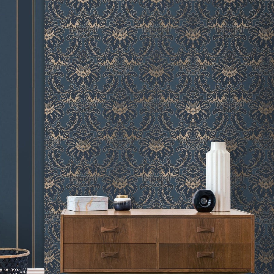 nm177704c Beautiful classical damask motif in navy blue and gold. This fabulous design is taken from the archive collection, with designs dating from the past 100 years, reinvented to reflect contemporary tastes. Stunning paste the wall designer wallpaper.
