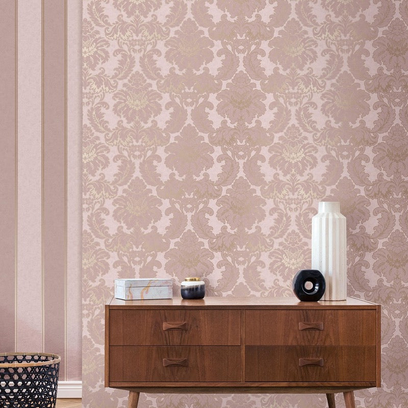 nm178806c Fabulous classical damask motif in blush pink. This fabulous design is taken from the archive collection, with designs dating from the past 100 years, reinvented to reflect contemporary tastes. Stunning paste the wall designer wallpaper.