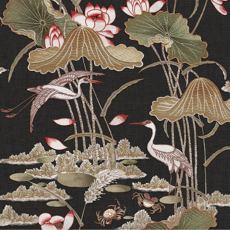 ntp42200706d Beautiful and delicate embroidered look vinyl featuring beautiful birds and lotus flowers. Easy to hang and paste the wall.