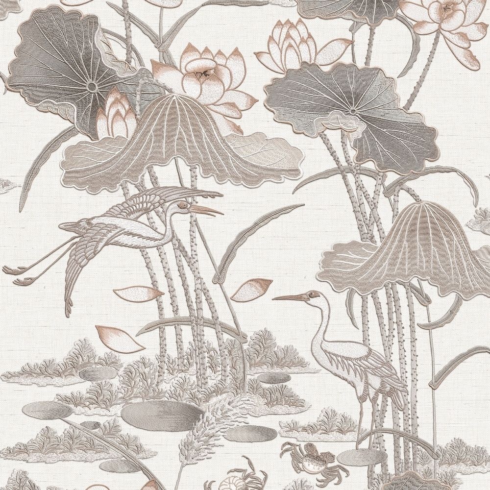 ntp42211701d Beautiful and delicate embroidered look vinyl featuring beautiful birds and lotus flowers. Easy to hang and paste the wall.