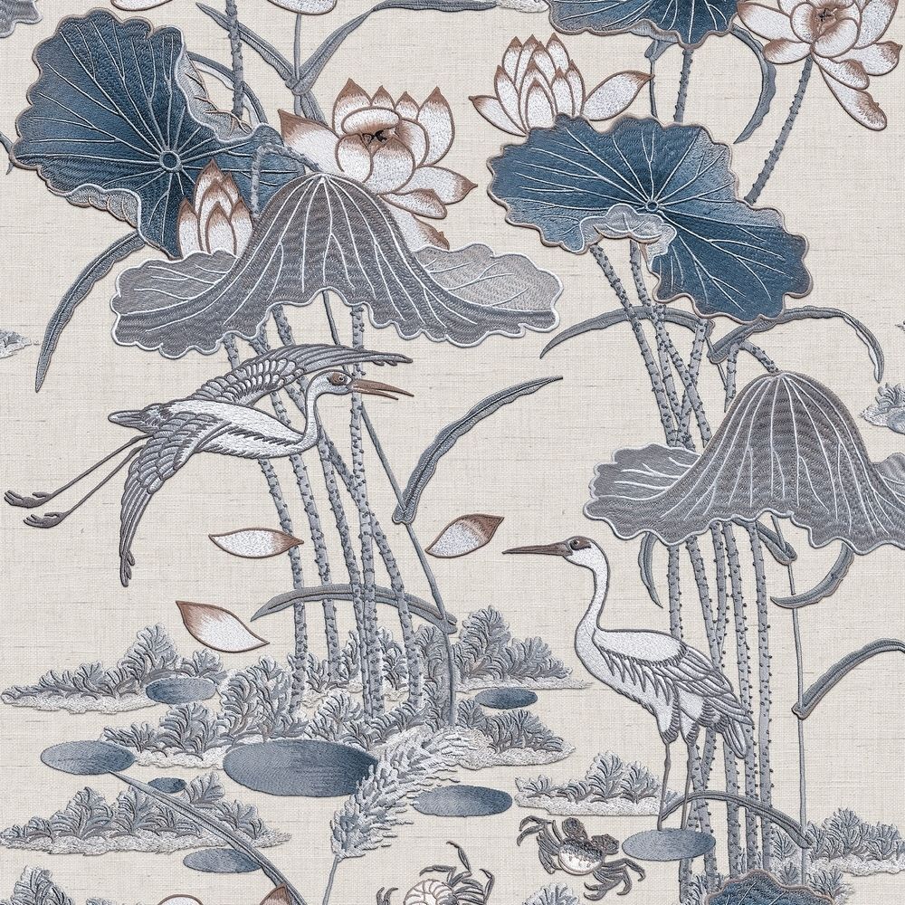 ntp42277702di Beautiful and delicate embroidered look vinyl featuring beautiful birds and lotus flowers. Easy to hang and paste the wall.