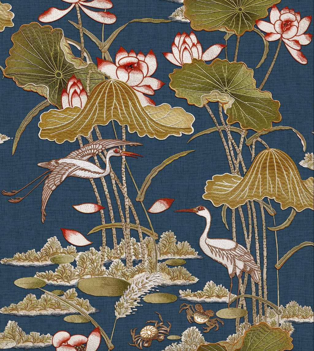 ntp42277705d Beautiful and delicate embroidered look vinyl featuring beautiful birds and lotus flowers. Easy to hang and paste the wall.