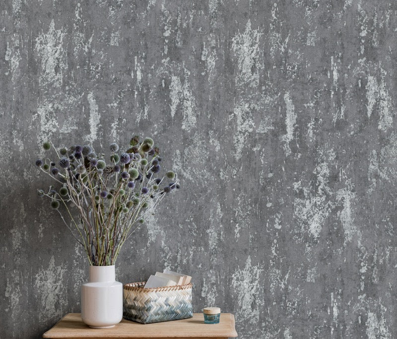 nv102700310e Gorgeous textured modern concrete wall effect in charcoal grey with metallic silver on paste the wall vinyl.